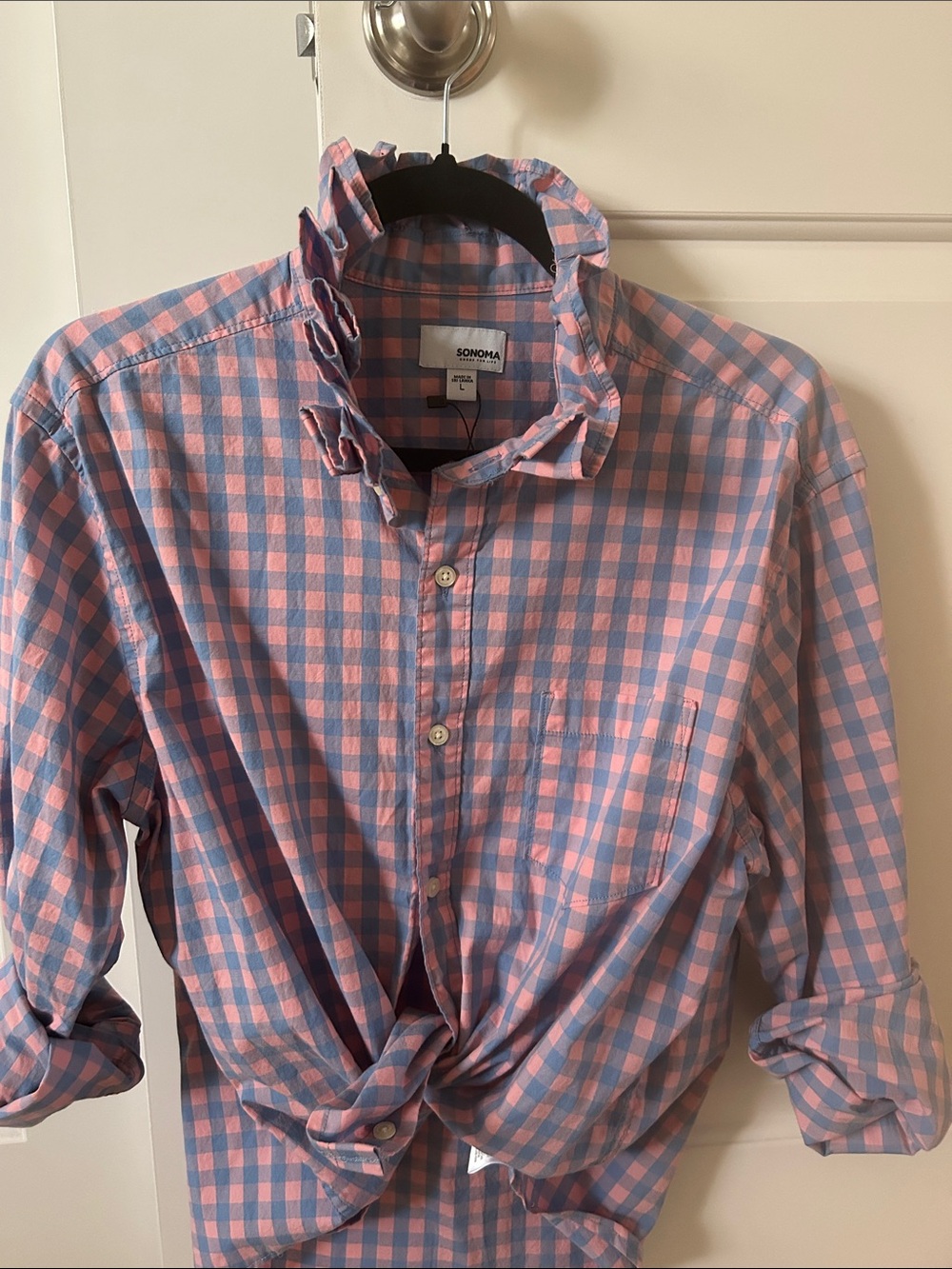 Men's Pink and Blue Gingham Button-Down Shirt recreated for a woman
